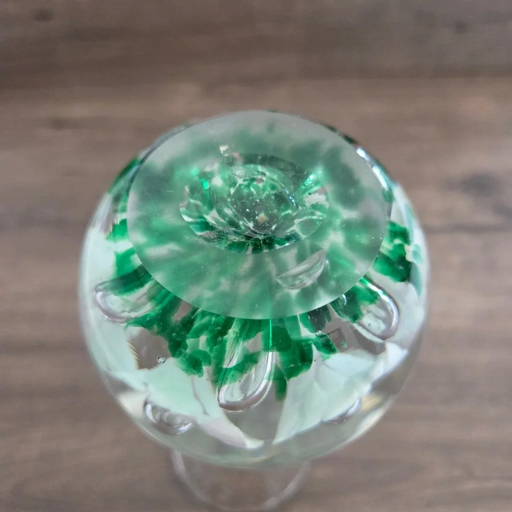 Bud Vase Clear White Green Floral Paperweight Base Ruffled Rim Hand-blown